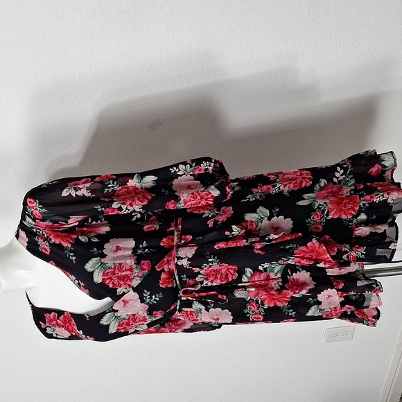 Floral NEW Black Red, Pink Wrap Ruffle Hem Flowy Boho Skater Dress Plus Size 3X - Picture 5 of 16